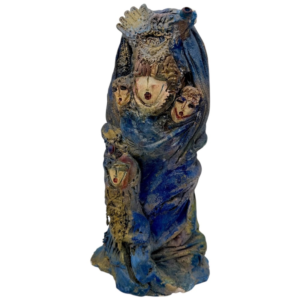 Vintage Mixed Media Clay Fabric Sculpture Multiple Faces Blue Gold Folk Art